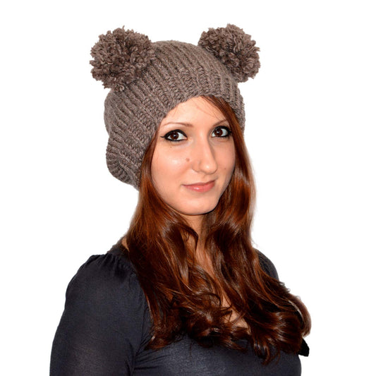 Сute bear ear beanie in brown, a little slouchy beanie. Double pom pom hat or custom winter hat, any color, any size.