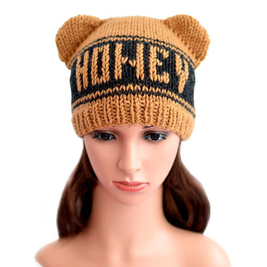 Knitted bear ears beanie for adults men's women's bear ear hat. All sizes and colors. Customize text of your bear ears beanie. Check out our custom embroidered hat or bear hat with name. Cute and cozy bear beanie will warm you up and add personality. Hand knitted beige honey bear beanie.