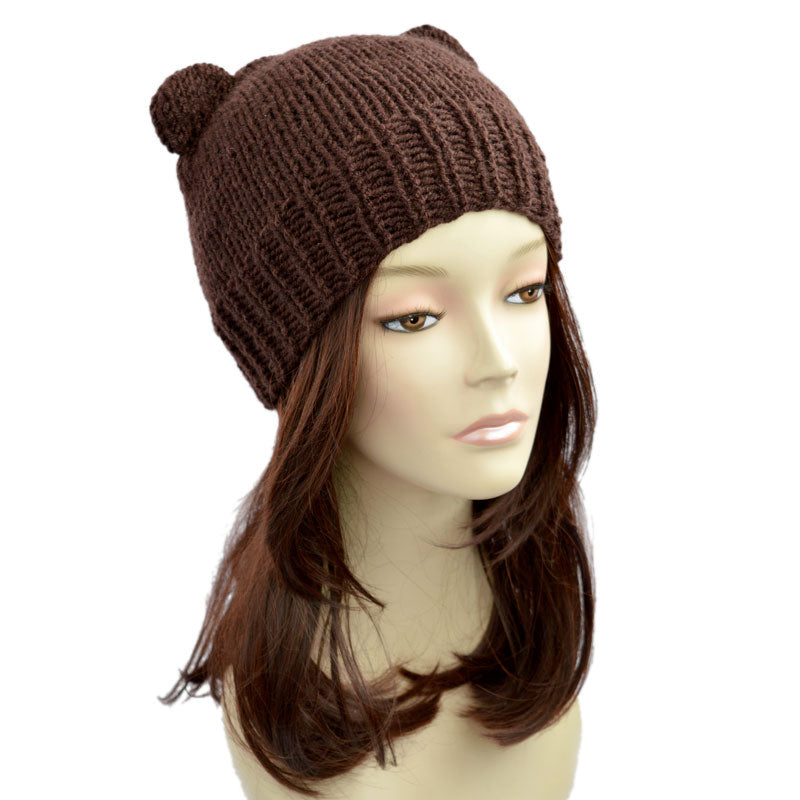 Bear Beanie in Brown Hand Knitted Bear Ear Hat Womens Winter Hat