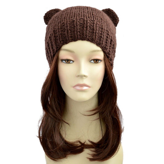 Brown hand knitted bear beanie or beanie with bear ears.