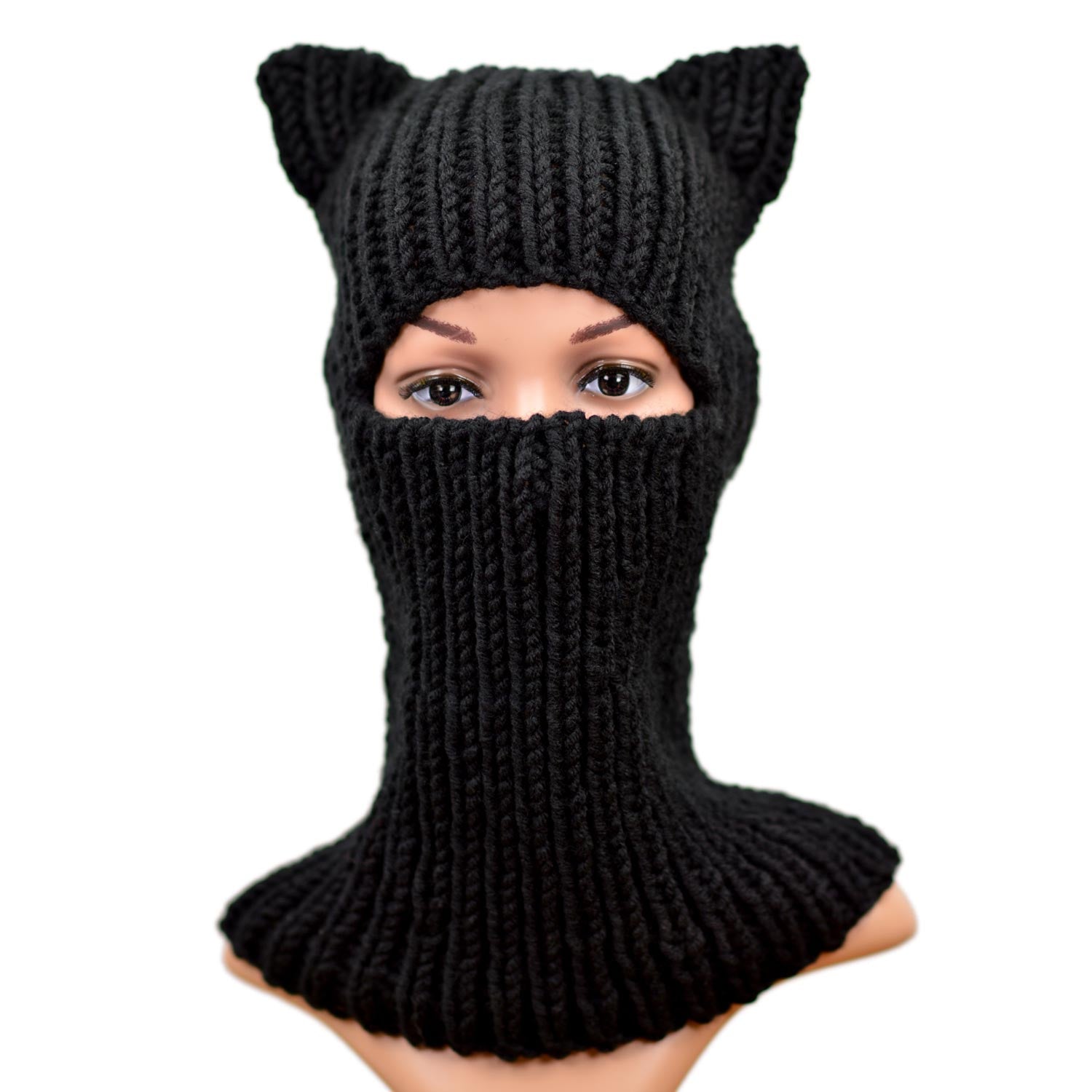 Hand knitted black cat ear balaclava by StopFrost will keep your face warm in cold weather and can be used as cat ski mask. I can knit this black cat balaclava in any color.