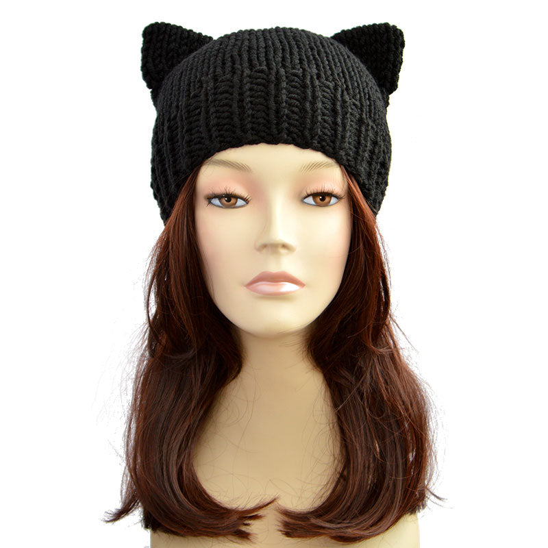 Hand knitted cat ear beanie in black, cat hat by StopFrost.