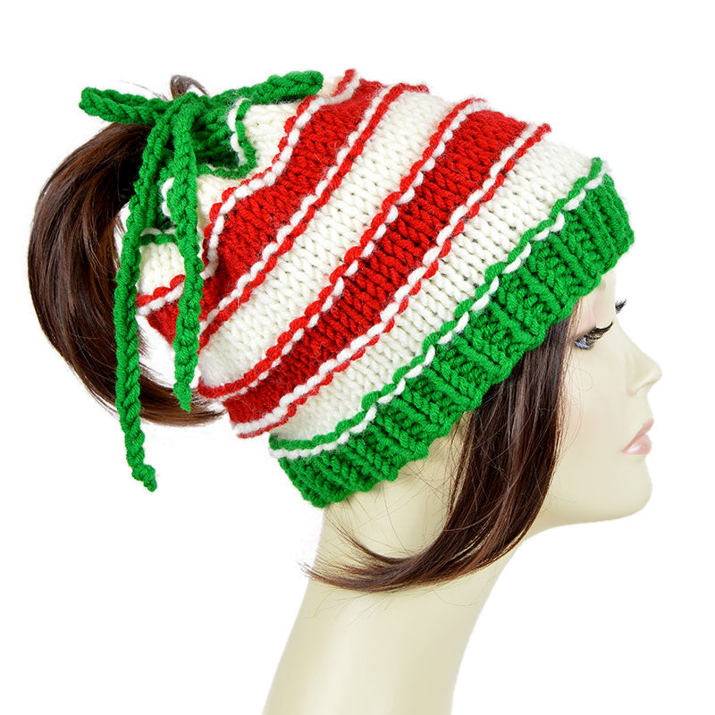 Christmas Hat Ponytail Beanie Xmas Striped Hat Red White Green Santa Hat Elf Hat