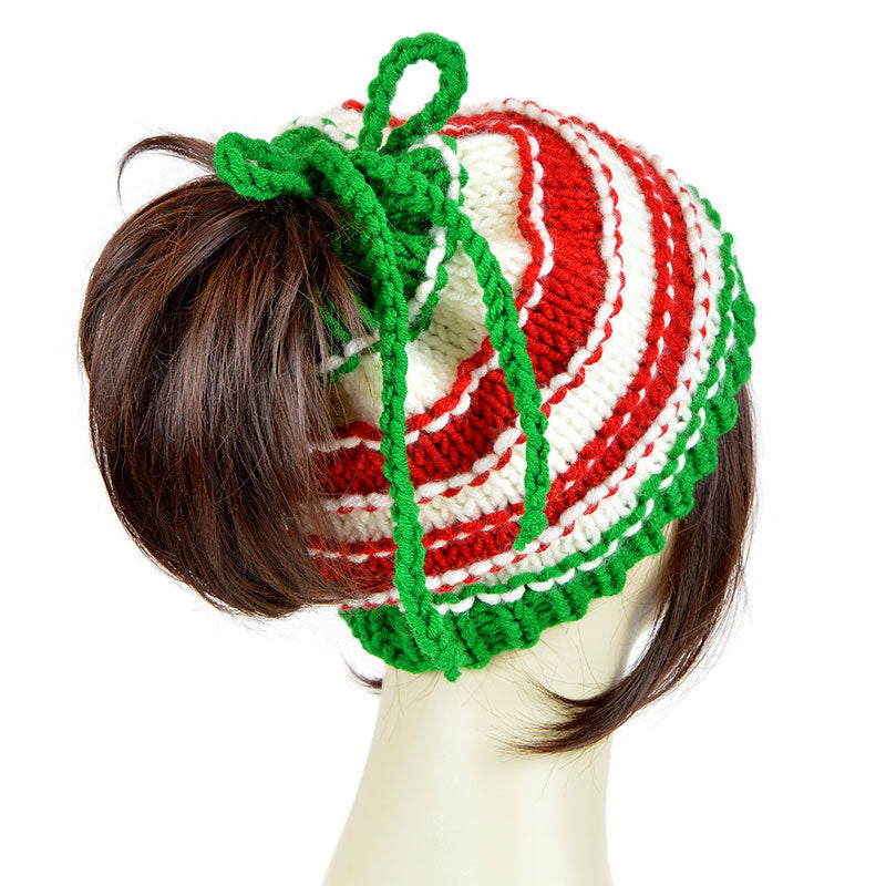 Christmas Hat Ponytail Beanie Xmas Striped Hat Red White Green Santa Hat Elf Hat