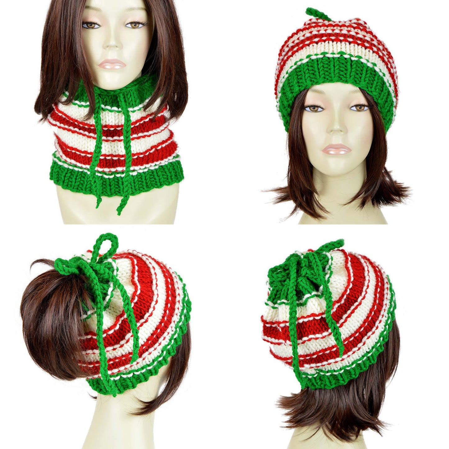 Custom Christmas hat or striped hat in red white green. You can customize your Christmas beanie by playing with the colors. This Xmas hat can be worn as scarf, skull cap with ties at top and hat with hole for ponytail.