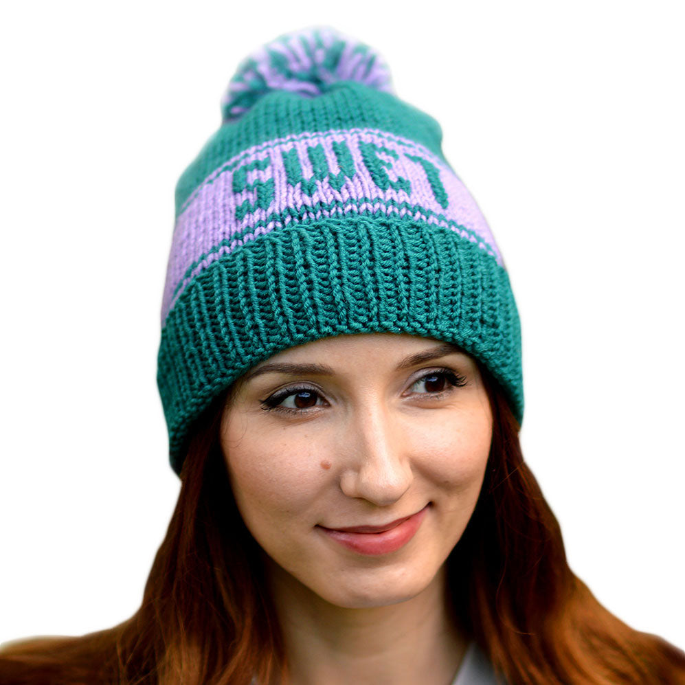 Custom knit hat with pom pom in turquoise teal and light purple, personalized beanie with name