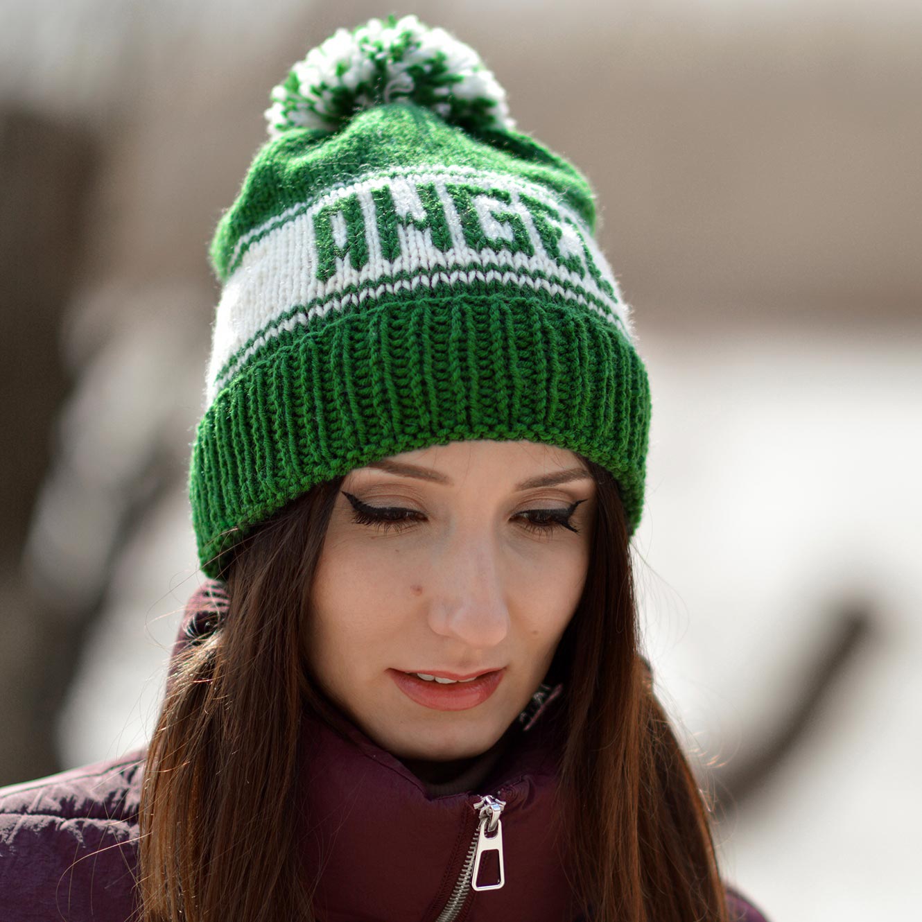 Custom pom pom hat with your name or any text. Winter truckers hat with custom text, custom hat embroidery by StopFrost.