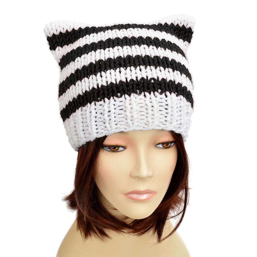 Emo cat ear beanie with black and white stripes. Customize your emo cat ear beanie for women and men according to your preferences.