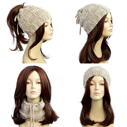 Beige beanie with ponytail hole. Stay warm and stylish with this hand knitted ponytail hat scarf from StopFrost. By purchasing this women's hat you get three in one — ponytail hole hat, skull hat with ties above, and a scarf.