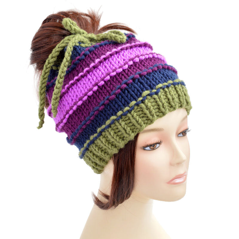 Knitted Ponytail Hat Scarf Colorful Men's Women's Ponytail Beanie Hole Hat