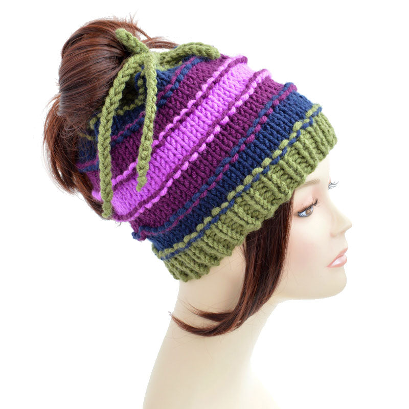 Knitted Ponytail Hat Scarf Colorful Men's Women's Ponytail Beanie Hole Hat