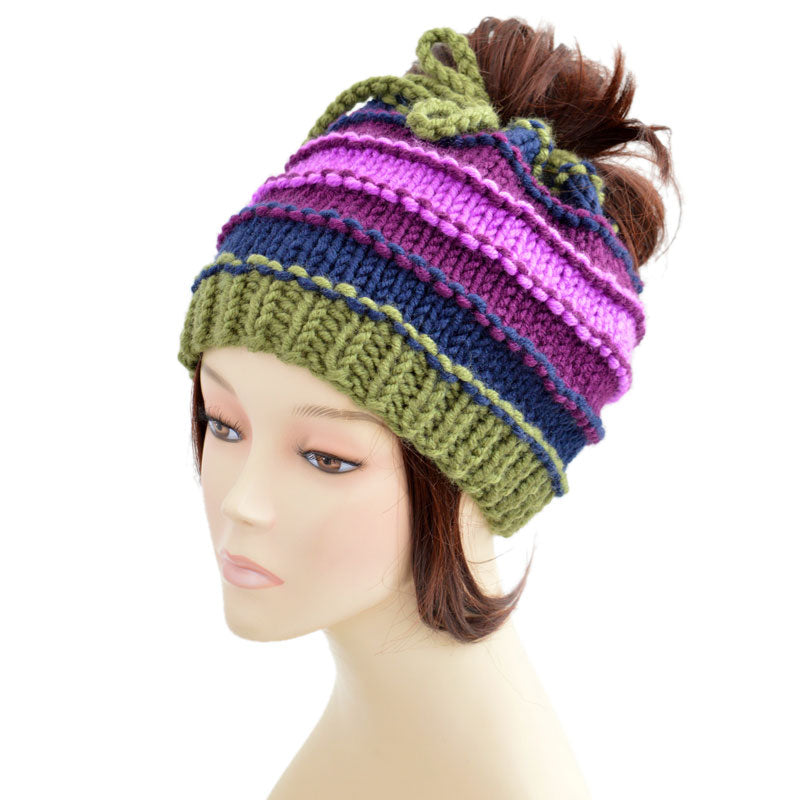 Knitted Ponytail Hat Scarf Colorful Men's Women's Ponytail Beanie Hole Hat