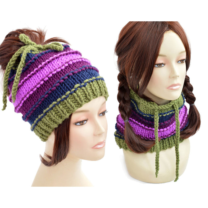 Knitted ponytail hat scarf from StopFrost, customizable colorful hat with hole. Olive green, navy blue, purple and light purple colors. Knitted ponytail hat scarf for men and women. This hole hat can also be worn without a ponytail hole by tightening the laces.