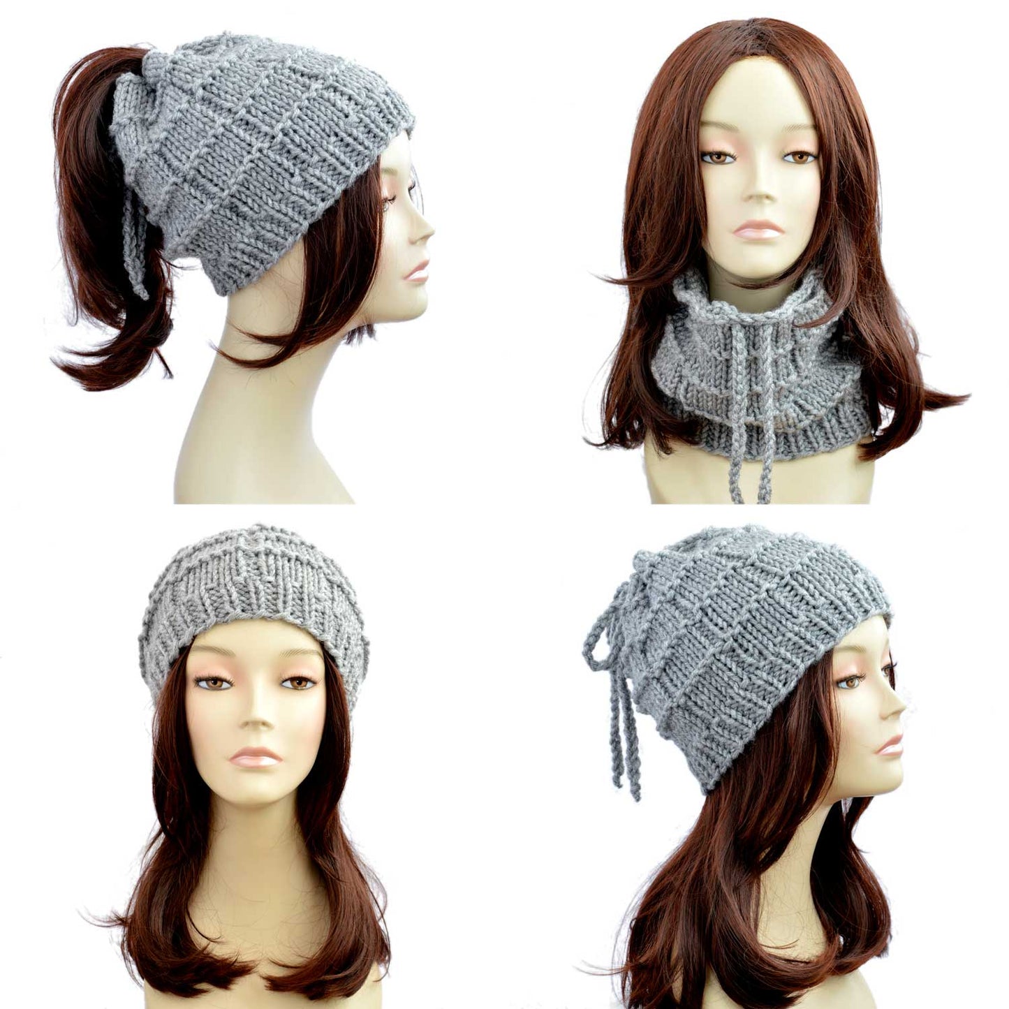 I created this ponytail hat not only as a beanie with ponytail hole but it is essentially a transformer hat as you get three in one — ponytail hole hat, regular beanie with ties above and hat scarf. This ponytail hat is gray and has a pretty nice pattern.