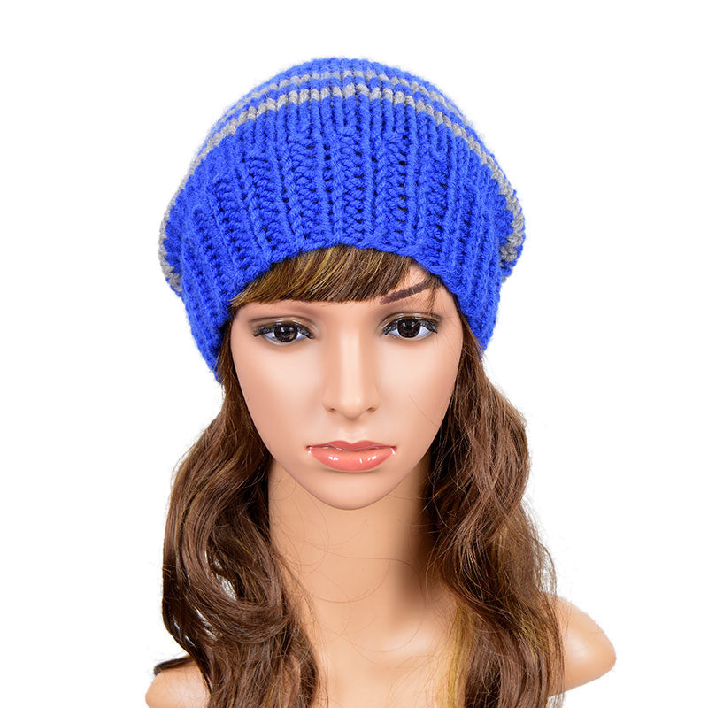 Striped Slouchy Beanie Hat Men's Women's Oversized Beanie Blue Gray