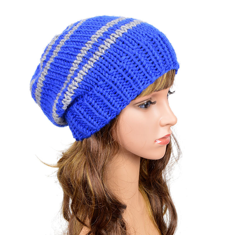 Striped slouchy beanie hat in blue and gray. Customize your striped slouchy beanie with any colors you like. Men's women's oversized beanie of any size.