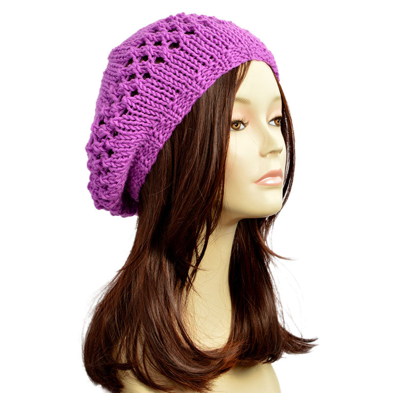 Summer slouch beanie from StopFrost. Any color and size are available. Check out our hand knitted lilac summer slouch beanie or customize according to your preferences. Lightweight and ventilated summer slouch beanie for men and women or beanie with holes.