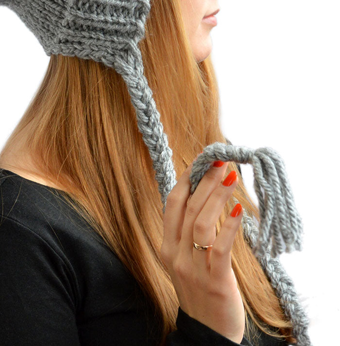 Tassel Hat With Pom Pom Grey Slouchy Beanie With Tassels And Braids Pigtails