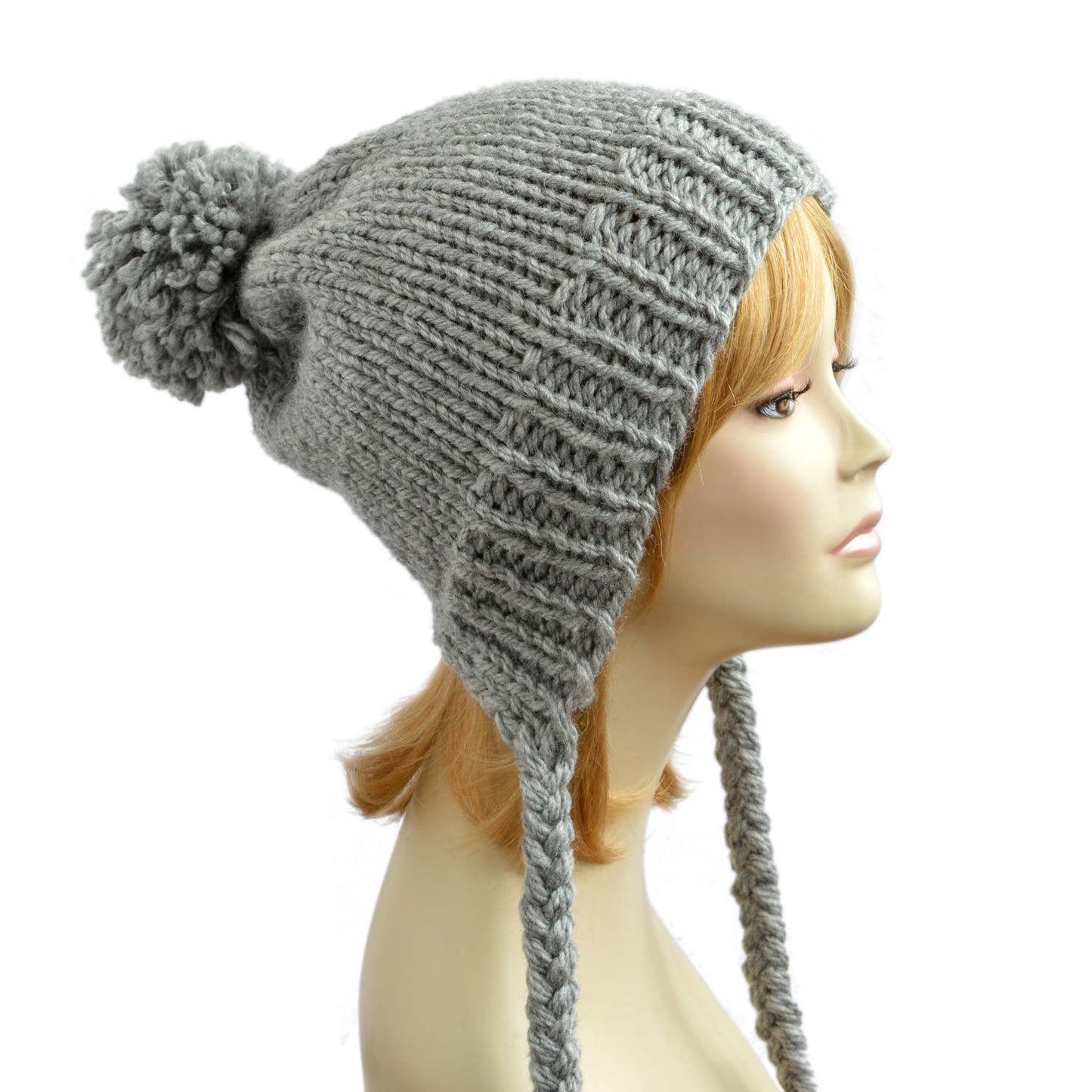 Tassel Hat With Pom Pom Grey Slouchy Beanie With Tassels And Braids Pigtails