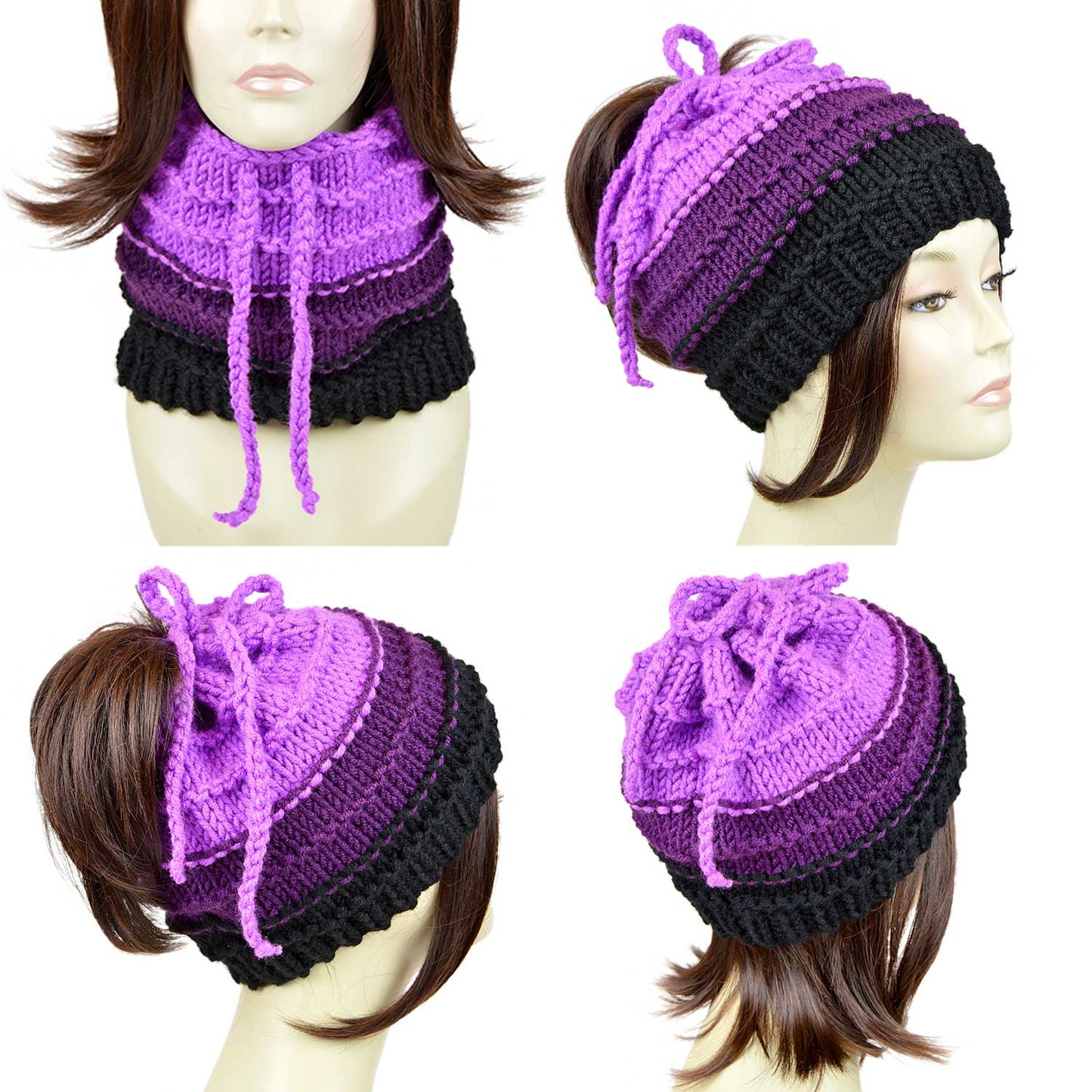 Ursula beanie for adults women or black and purple hat. All sizes are available for your Ursula beanie for adults. You can customize the colors for the final Ursula beanie for women. Ponytail hat with ombre from light purple to black. The Ursula beanie adults can be worn in three different ways, as a hat with ties at top, as a scarf and as a ponytail hat. Lightweight and comfortable Ursula beanie womens. Try Ursula beanie from StopFrost.